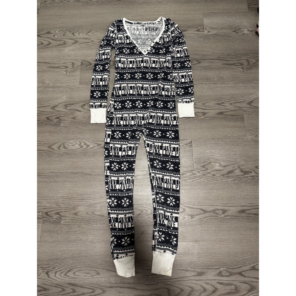 Victoria's Secret PINK Thermal Union Suit One Piece Pajamas Fair Isle Black XS